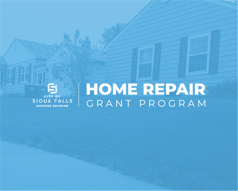 The logo for the Home Repair Grant Program, shown over a stylized photo of a residental neighborhood.